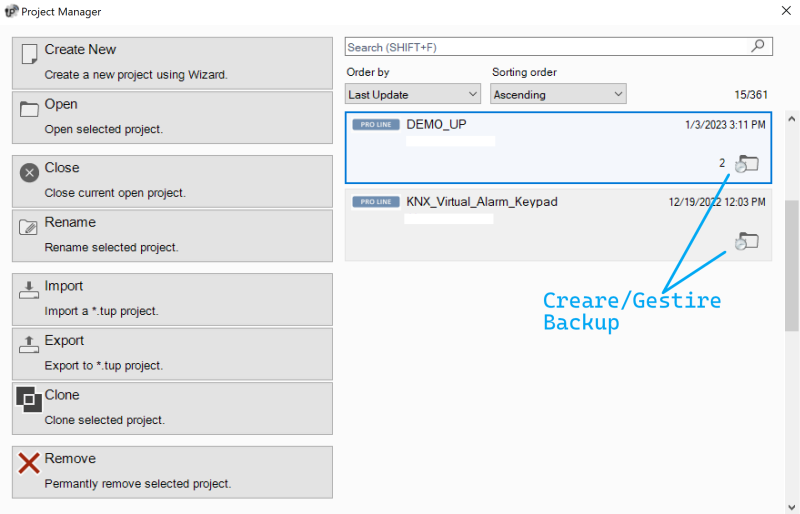 Finestra Gestore Progetti Finestra Gestore Progetti